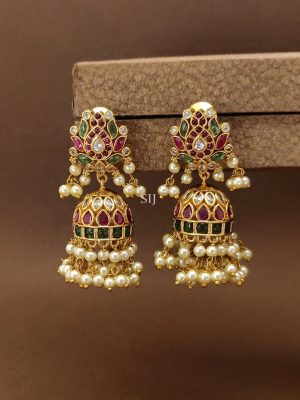 Multi Color Kemp Stones Jhumka Earrings with Pearl Hangings