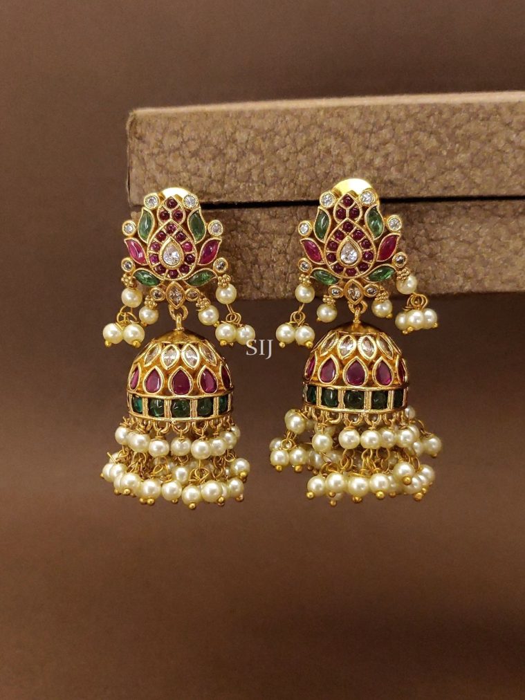 Multi Color Kemp Stones Jhumka Earrings with Pearl Hangings