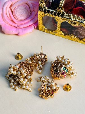 Multi Color Kemp Stones Jhumka Earrings with Pearl Hangings