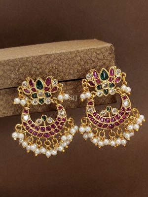 Kemp Stones Lotus Design Chand Bali Earrings with Pearl Hangings