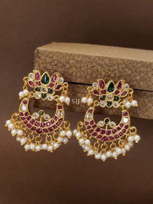 Kemp Stones Lotus Design Chand Bali Earrings with Pearl Hangings