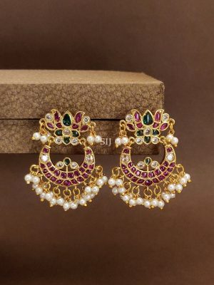 Kemp Stones Lotus Design Chand Bali Earrings with Pearl Hangings