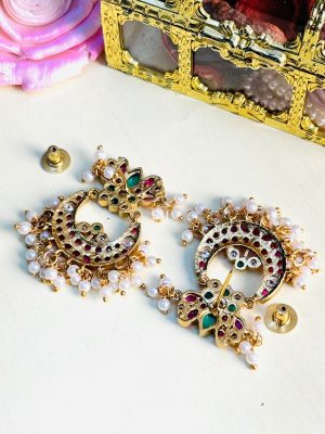 Kemp Stones Lotus Design Chand Bali Earrings with Pearl Hangings