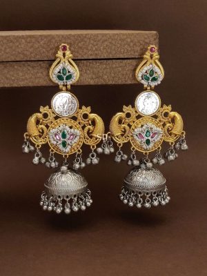 Dual Tone Plated Dual Peacock Jhumka Earrings