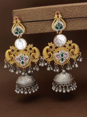 Dual Tone Plated Dual Peacock Jhumka Earrings
