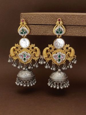 Dual Tone Plated Dual Peacock Jhumka Earrings