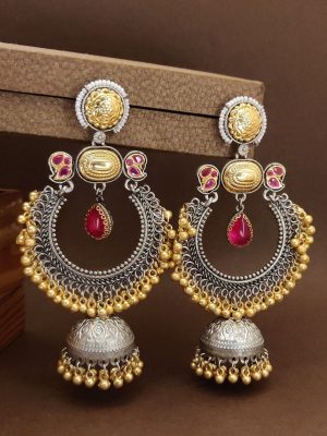 Dual Tone Plated Chand Bali Earrings with Gold Beads Hangings