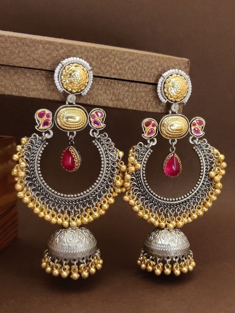 Dual Tone Plated Chand Bali Earrings with Gold Beads Hangings