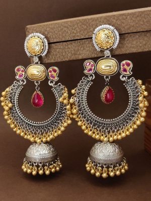 Dual Tone Plated Chand Bali Earrings with Gold Beads Hangings