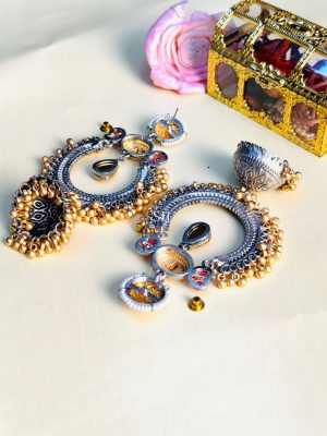 Dual Tone Plated Chand Bali Earrings with Gold Beads Hangings