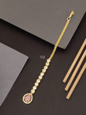 Gold Plated AD Stones Maang Tikka with Pink Stone Pendant