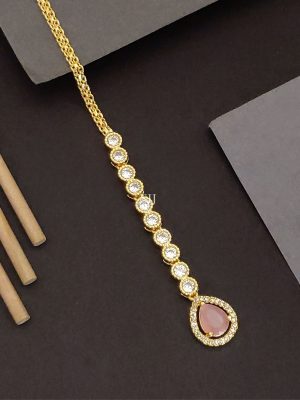 Gold Plated AD Stones Maang Tikka with Pink Stone Pendant