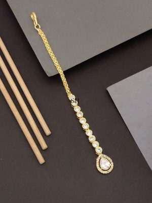Gold Plated White AD Stones Maang Tikka