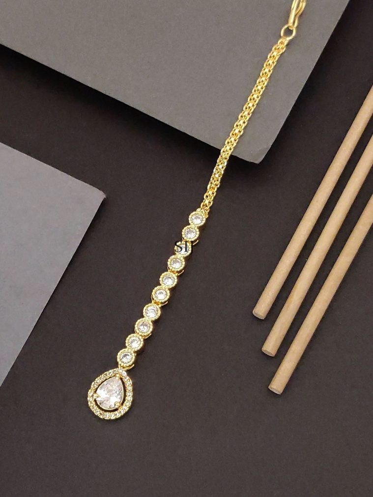 Gold Plated White AD Stones Maang Tikka