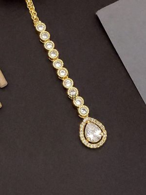 Gold Plated White AD Stones Maang Tikka
