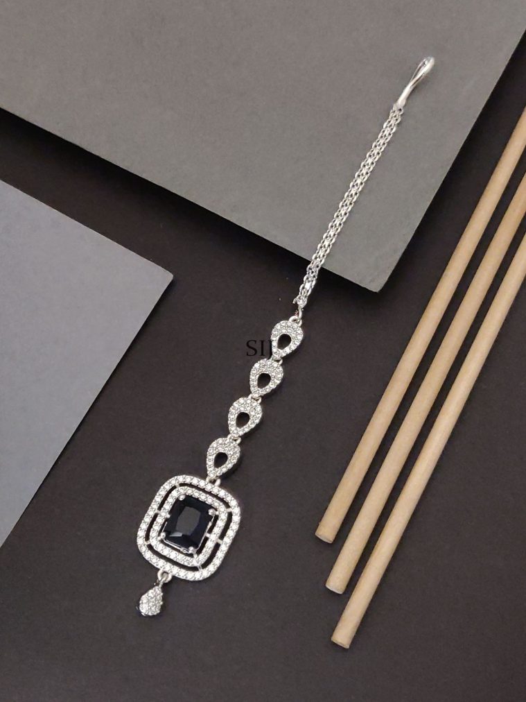 Silver Plated Blue CZ and AD Stones Maangtikka