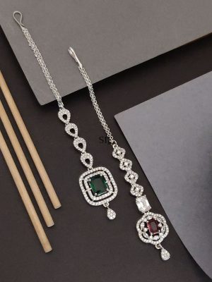 Set of 2 Silver Plated AD Stones Maangtikka Combo