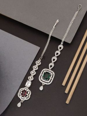 Set of 2 Silver Plated AD Stones Maangtikka Combo