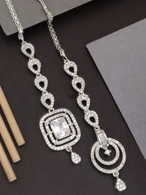 Set of 2 Silver Plated AD Stones Maangtikka Combo