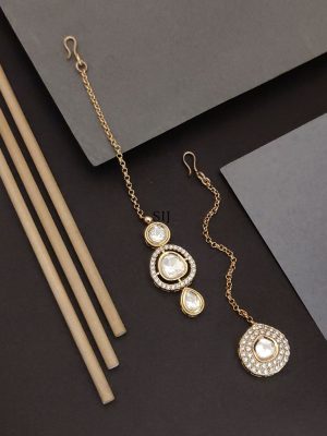 Set of 2 Gold Plated Polki Stones Maangtikka Combo