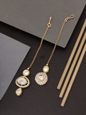 Set of 2 Gold Plated Polki Kundan Stones Maangtikka Combo