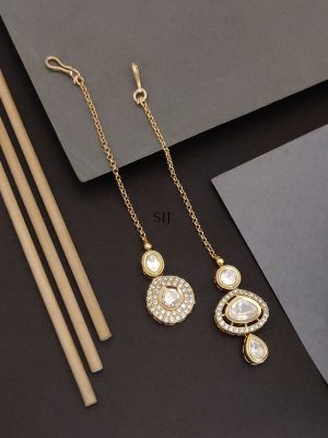 Set of 2 Gold Plated Polki Kundan Stones Maangtikka Combo
