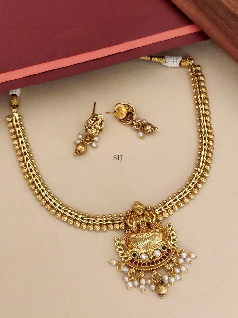 Antique Finish Temple Lakshmi Pendant Necklace Set