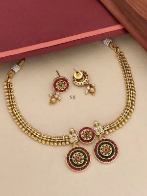 Antique Red and Green Stones Flower Dual Pendant Necklace
