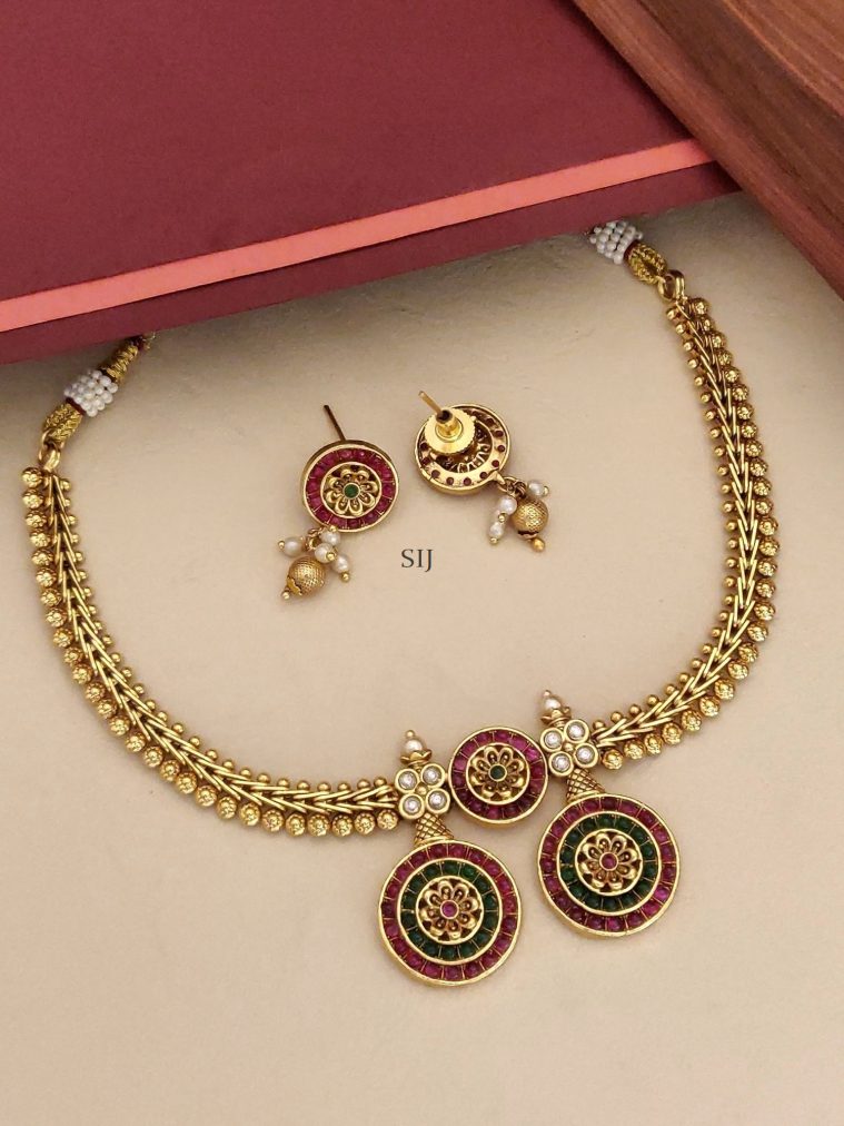 Antique Red and Green Stones Flower Dual Pendant Necklace