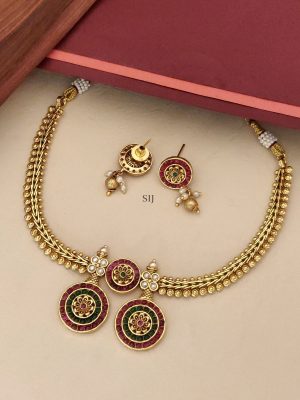 Antique Red and Green Stones Flower Dual Pendant Necklace