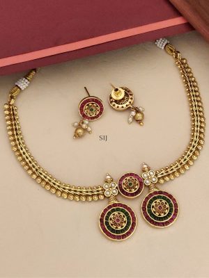 Antique Red and Green Stones Flower Dual Pendant Necklace