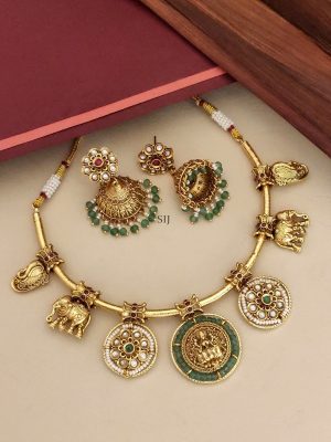 Lakshmi and Elephants Hasli Necklace Set with Emerald Beads