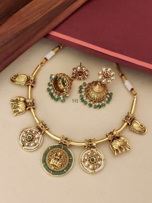 Lakshmi and Elephants Hasli Necklace Set with Emerald Beads