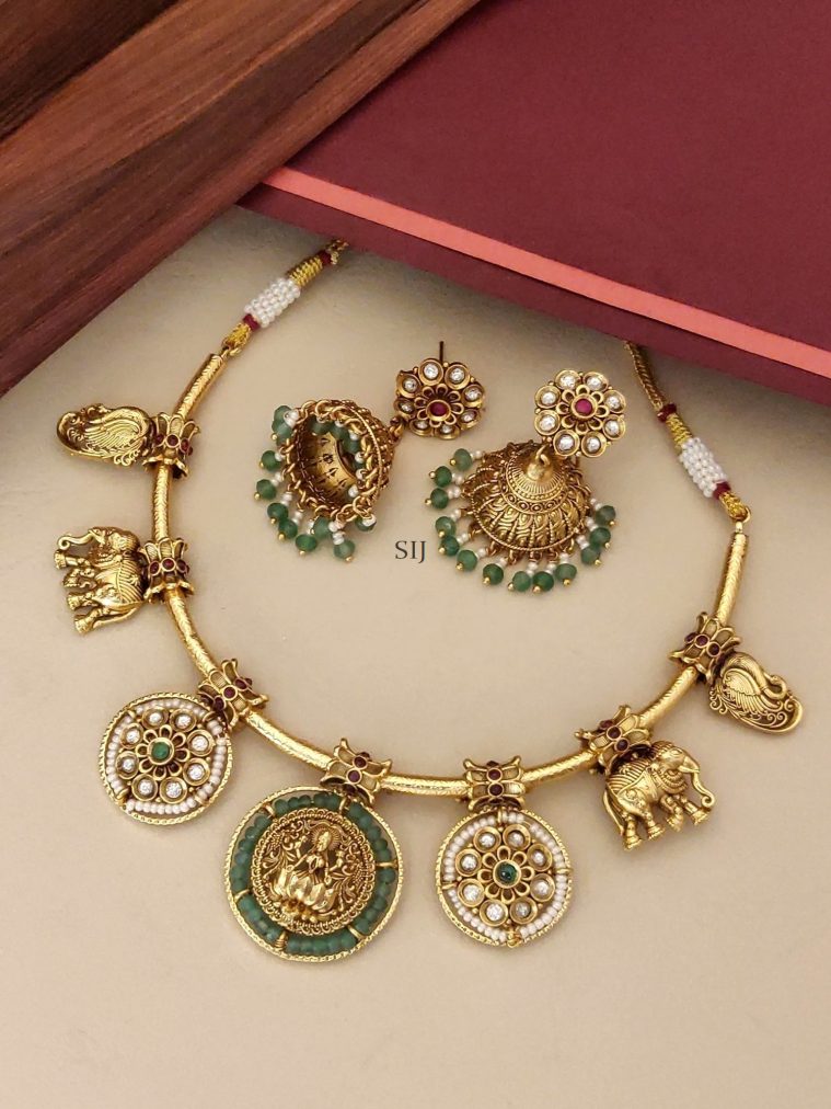 Lakshmi and Elephants Hasli Necklace Set with Emerald Beads