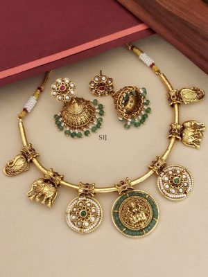 Lakshmi and Elephants Hasli Necklace Set with Emerald Beads