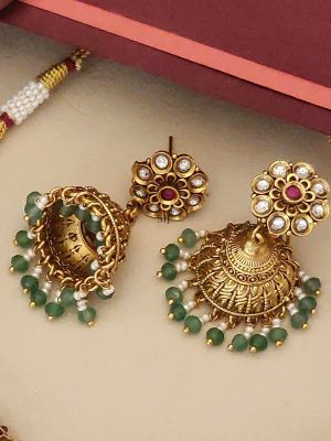 Lakshmi and Elephants Hasli Necklace Set with Emerald Beads