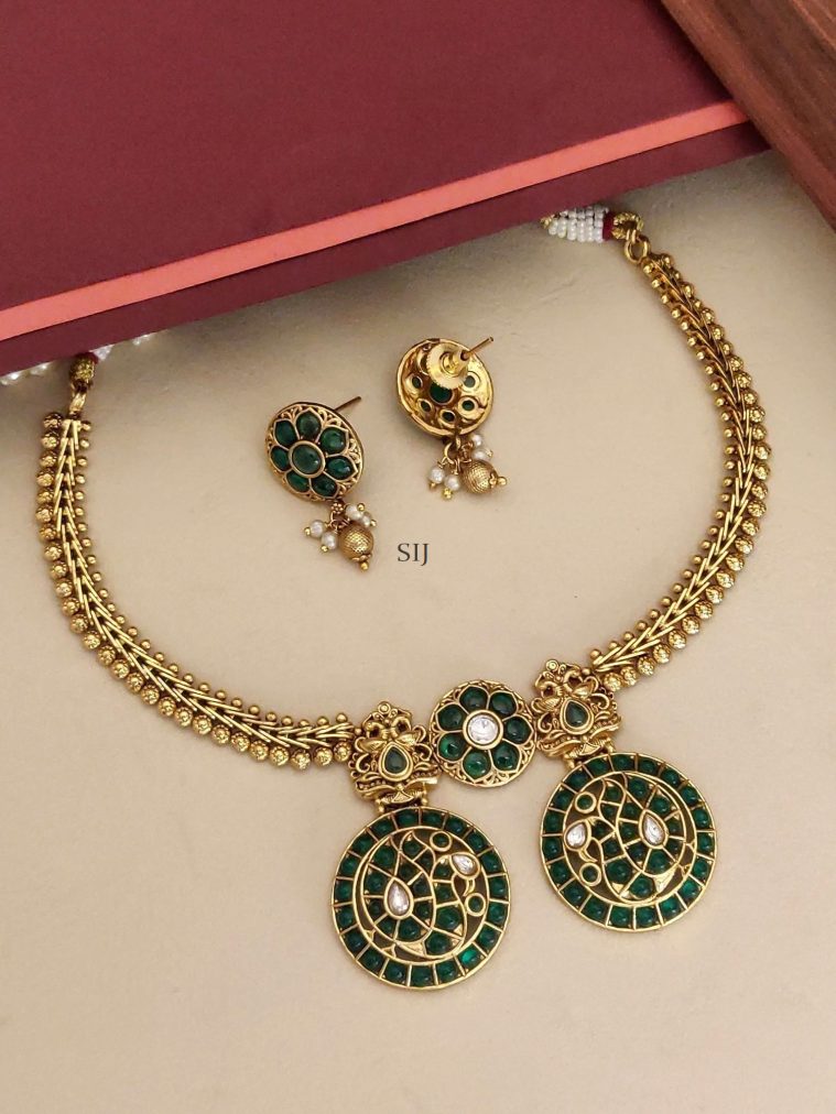 Antique Finish Emerald Stones Peacock Dual Pendant Necklace