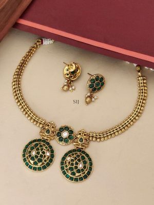 Antique Finish Emerald Stones Peacock Dual Pendant Necklace