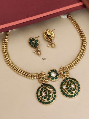 Antique Finish Emerald Stones Peacock Dual Pendant Necklace