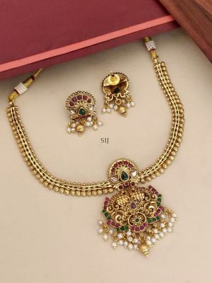 Gold Plated Multi Color Stones Pendant Necklace with Pearl Hanging