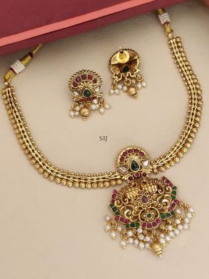 Gold Plated Multi Color Stones Pendant Necklace with Pearl Hanging