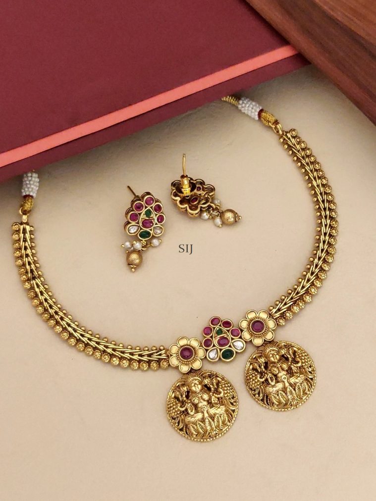 Gold Finish Temple Lakshmi Dual Pendant Necklace