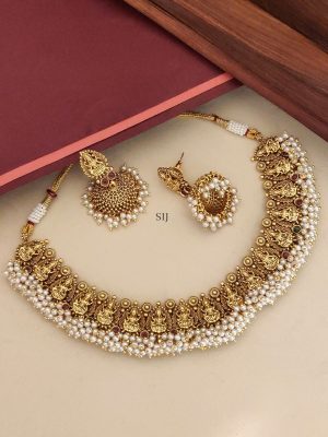 Antique Gold Plated Temple Lakshmi Devi Necklace Pearl Studded