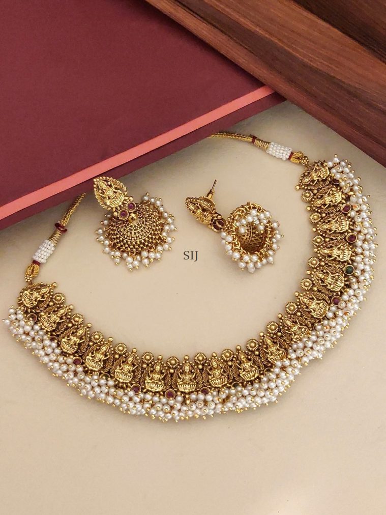 Antique Gold Plated Temple Lakshmi Devi Necklace Pearl Studded