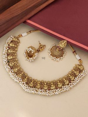 Antique Gold Plated Temple Lakshmi Devi Necklace Pearl Studded