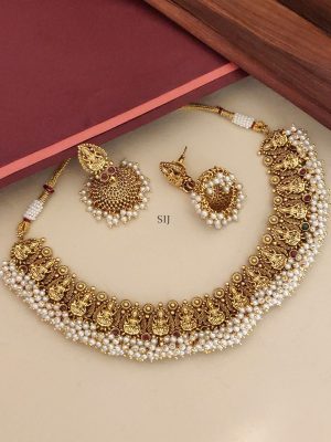Antique Gold Plated Temple Lakshmi Devi Necklace Pearl Studded
