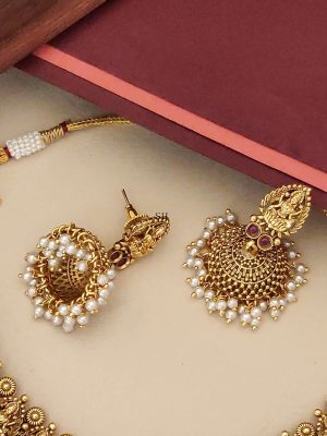 Antique Gold Plated Temple Lakshmi Devi Necklace Pearl Studded