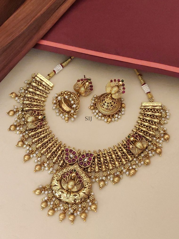 Gold Plated Peacock Kemp Stones Necklace Set