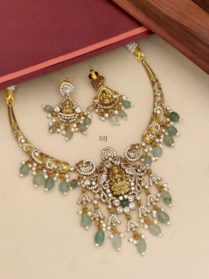 AD Stones Temple Lakshmi Hasli Necklace with Emerald Beads
