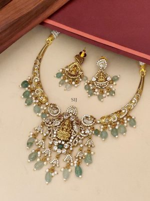 AD Stones Temple Lakshmi Hasli Necklace with Emerald Beads